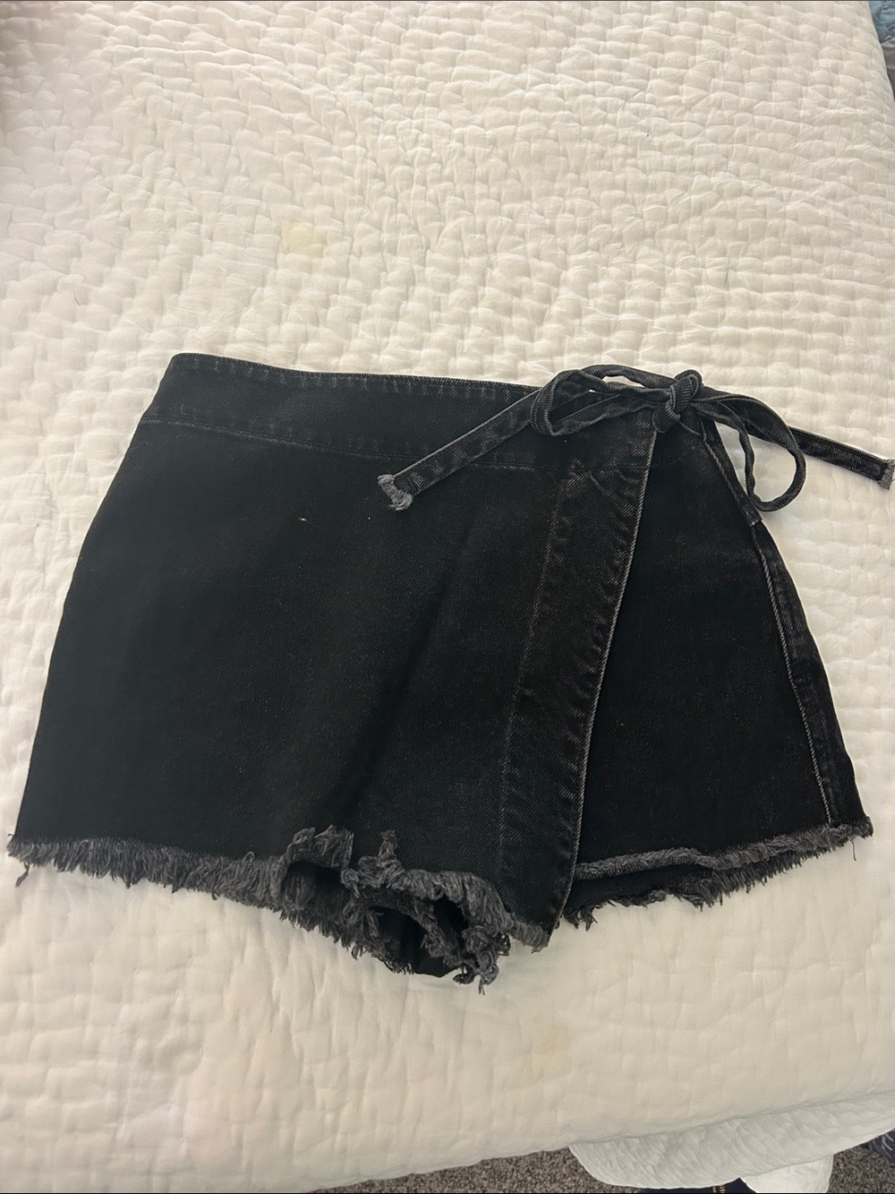 Free People Black Denim Wrap Skort with Frayed Hem